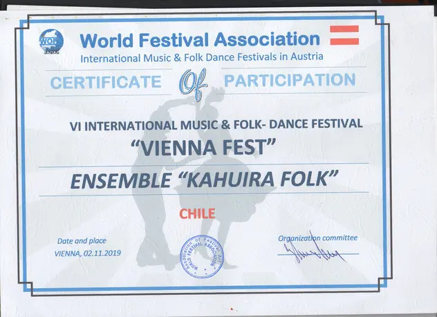 Certificado de participación del ensamble Kahuira Folk en el VI Festival Vienna Fest